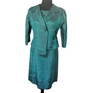 Vtg 60s Raw Silk Teal Green 2 Piece Set Dress Jacket Mimashi Tokyo, size 4